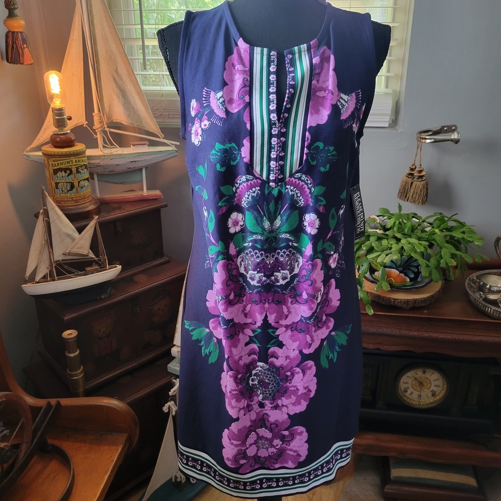 New York & Company Striped Dress with Green and Purple Accents